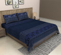 Navy Blue Mehrab Arch Block Print Cotton Double Bedsheet with Pillow Covers