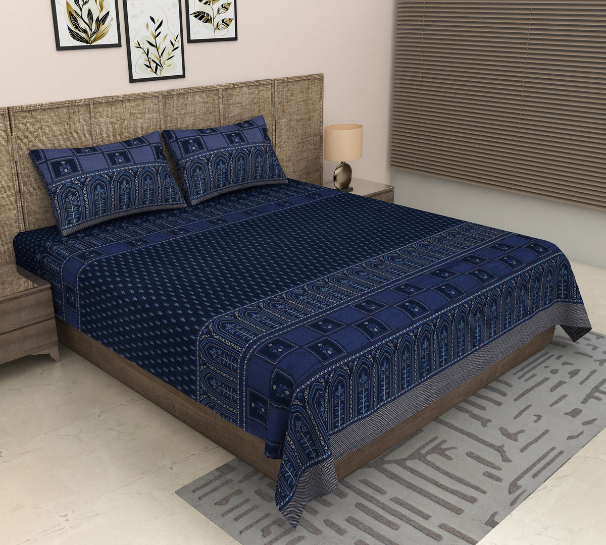 Navy Blue Mehrab Arch Block Print Cotton Double Bedsheet with Pillow Covers