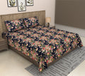 Midnight Navy Pink Rose Floral Print Cotton Double Bedsheet with Pillow Covers