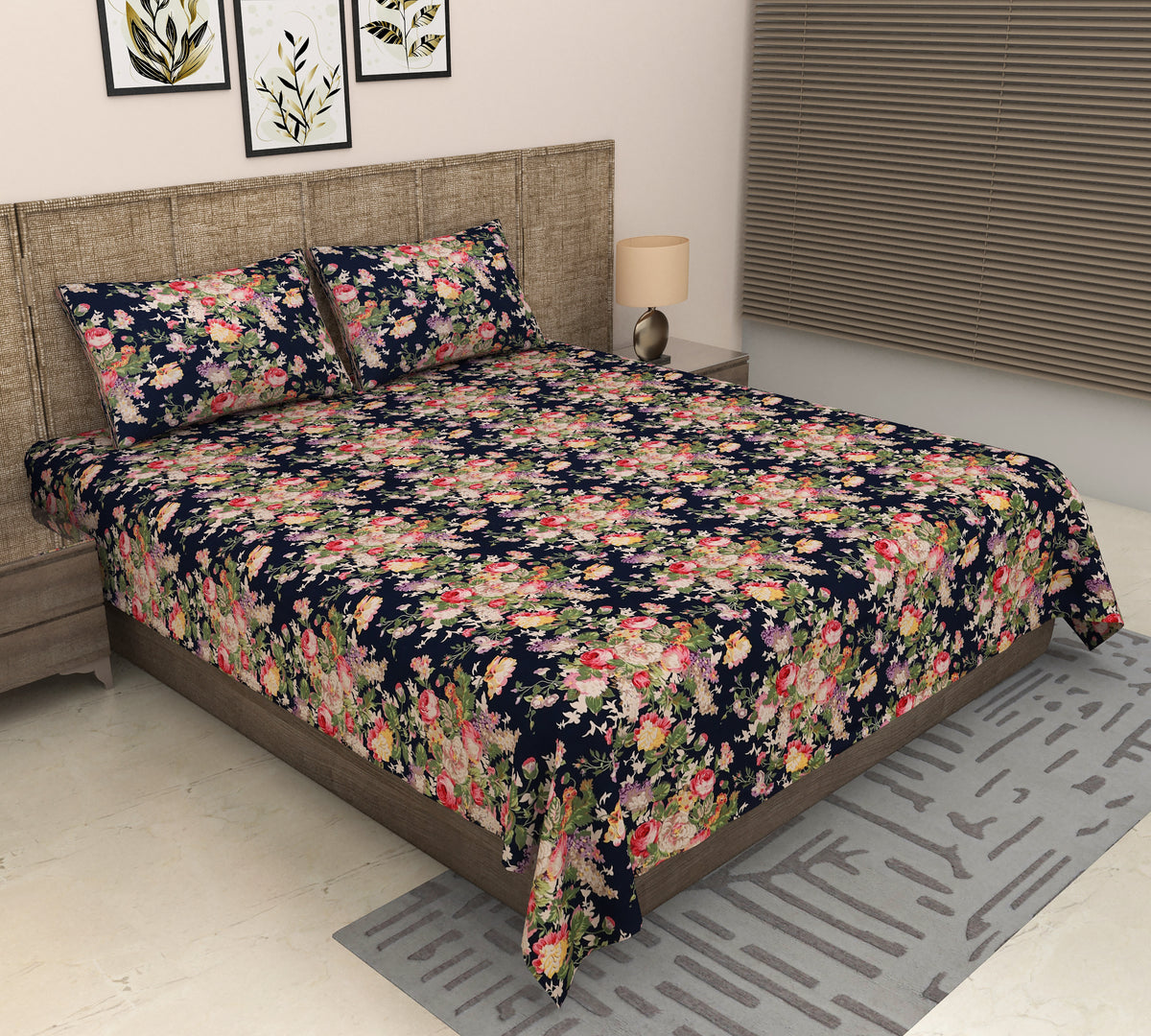 Midnight Navy Pink Rose Floral Print Cotton Double Bedsheet with Pillow Covers