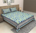Aqua Blue Floral Print Cotton Double Bedsheet with Blue & Yellow Striped Border