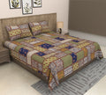 Olive Green Floral Patchwork Print Cotton Double Bedsheet with Mustard & Navy