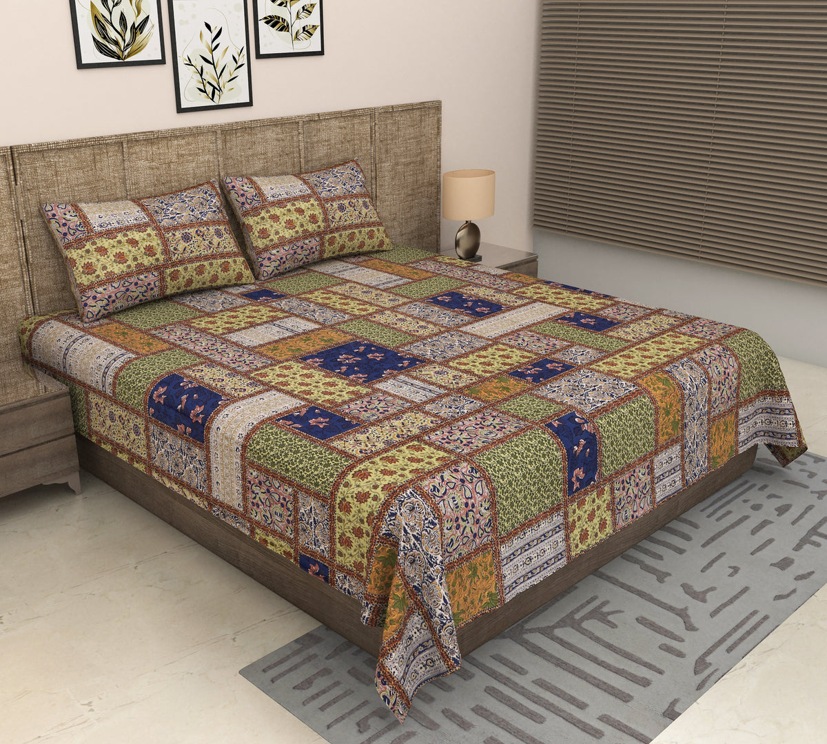 Olive Green Floral Patchwork Print Cotton Double Bedsheet with Mustard & Navy