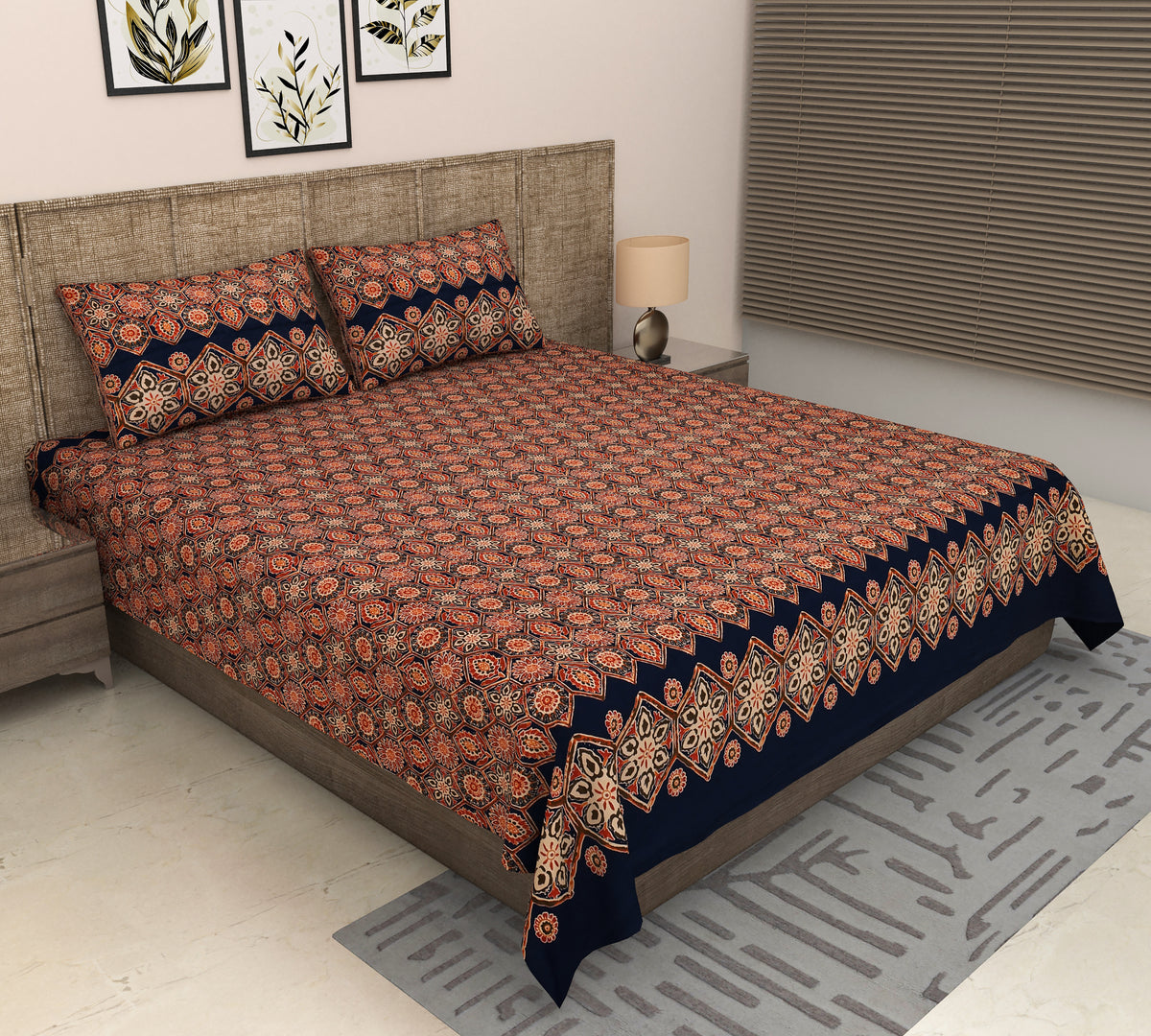 Navy & Rust Orange Mandala Geometric Print Cotton Double Bedsheet