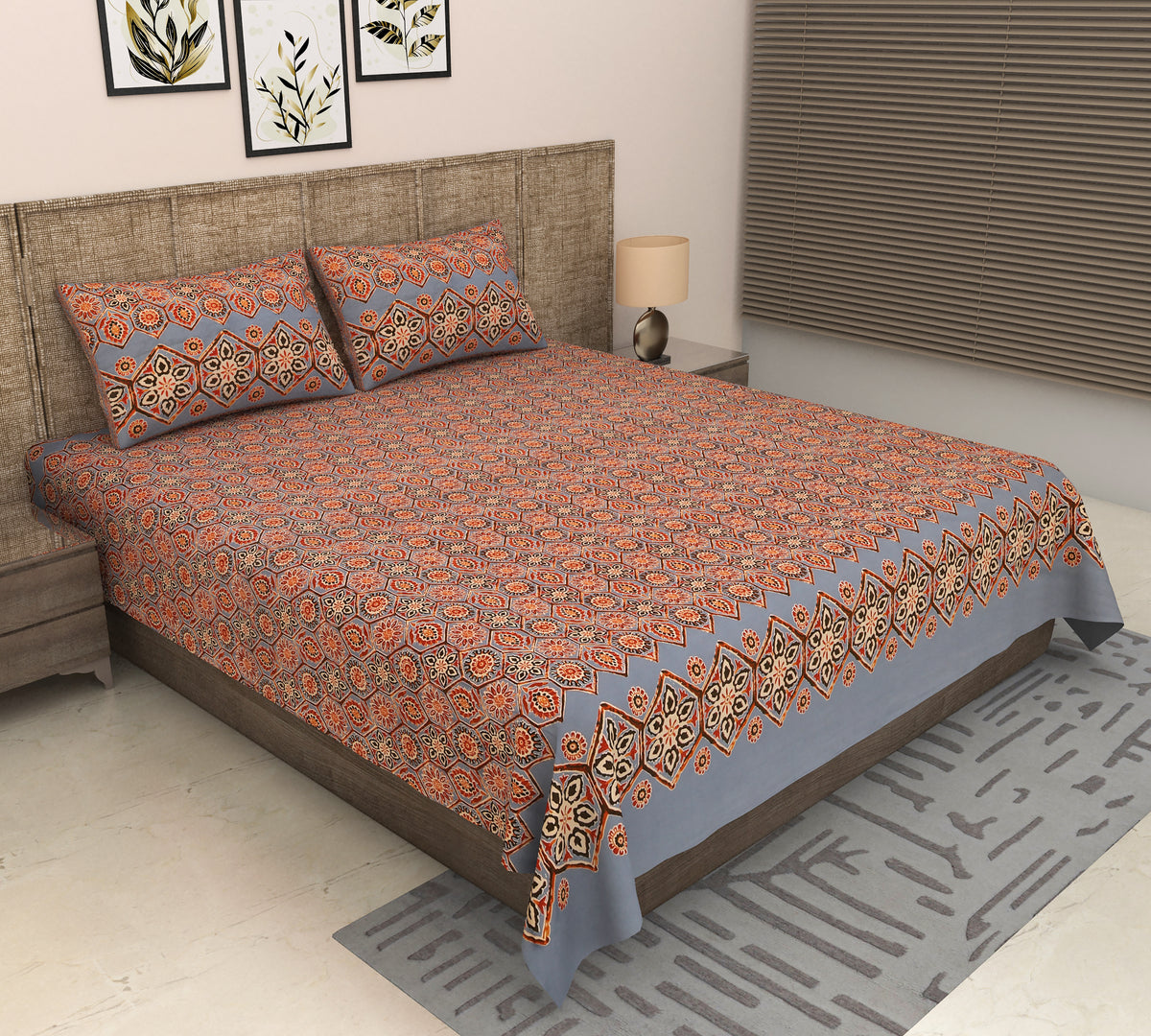 Slate Grey & Rust Orange Mandala Geometric Print Cotton Double Bedsheet