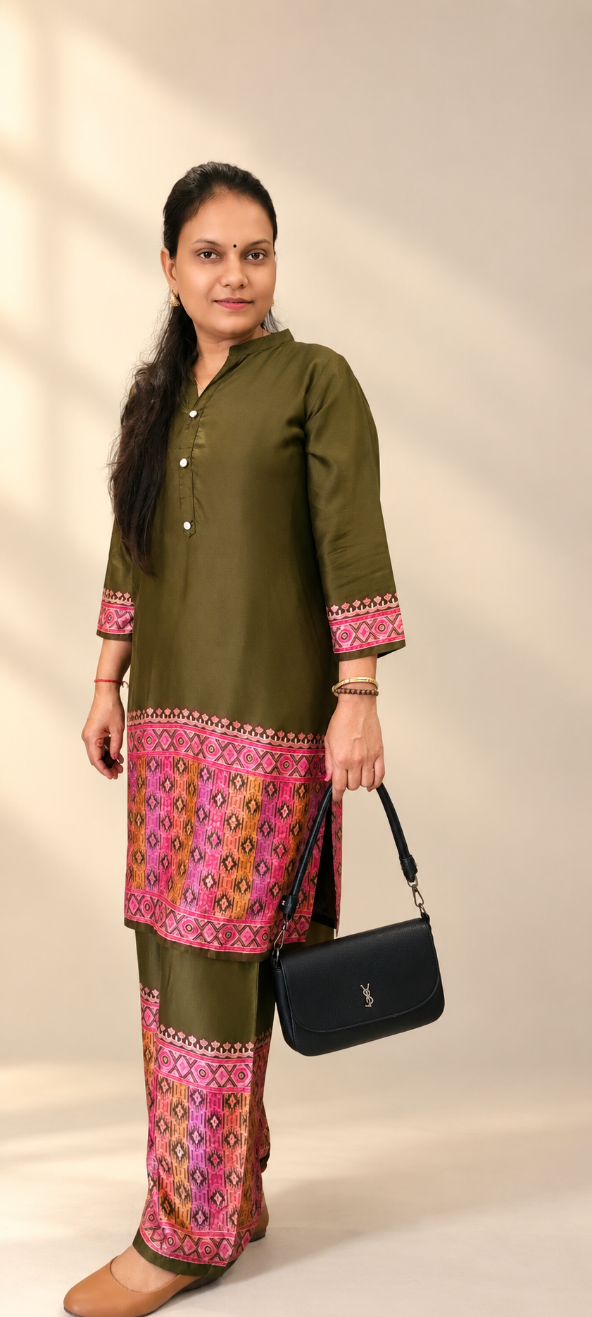 Olive Green Modal Co-Ord Set with Contrast Ikat Print Border