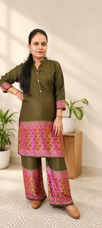 Olive Green Modal Co-Ord Set with Contrast Ikat Print Border
