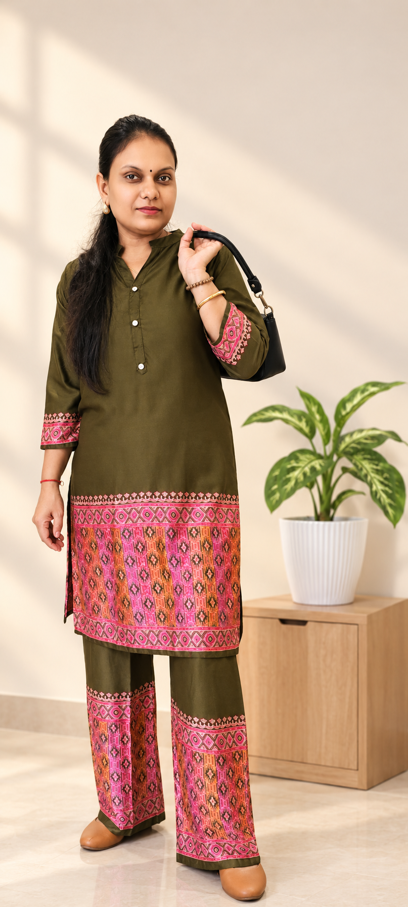 Olive Green Modal Co-Ord Set with Contrast Ikat Print Border