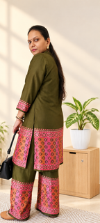 Olive Green Modal Co-Ord Set with Contrast Ikat Print Border