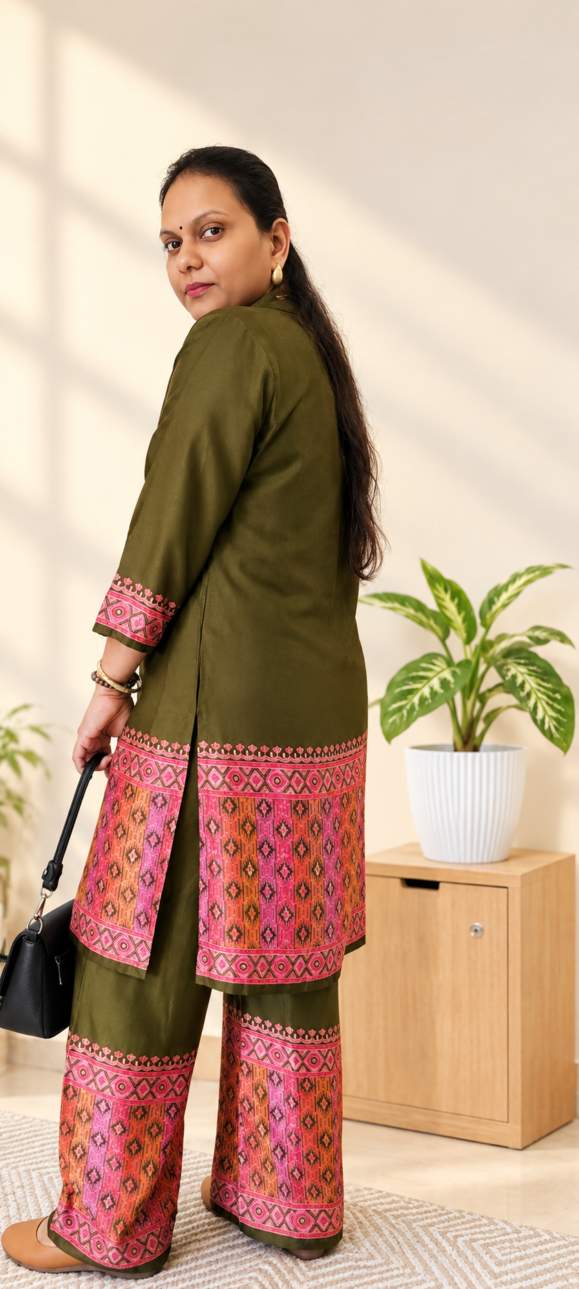 Olive Green Modal Co-Ord Set with Contrast Ikat Print Border