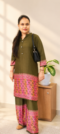 Olive Green Modal Co-Ord Set with Contrast Ikat Print Border