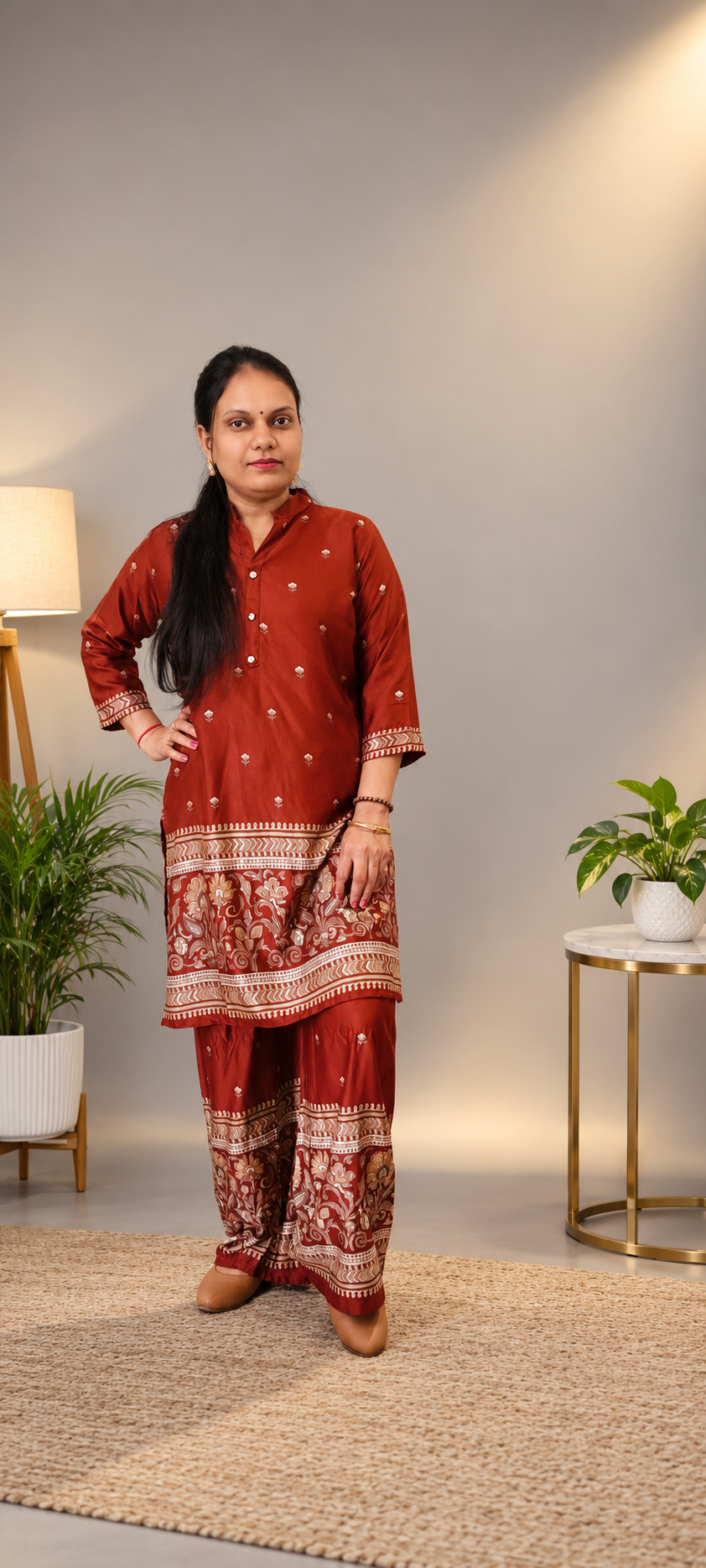 Rust Modal Co-Ord Set with Foil Print Floral Border