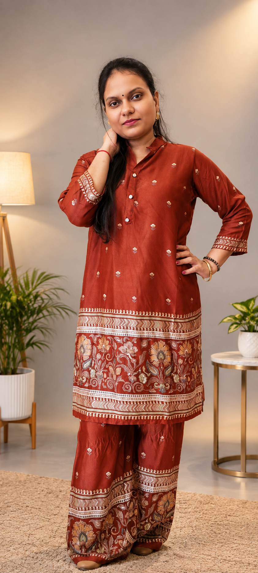 Rust Modal Co-Ord Set with Foil Print Floral Border