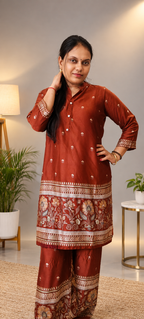 Rust Modal Co-Ord Set with Foil Print Floral Border