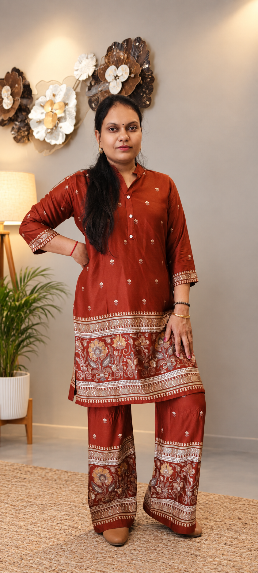 Rust Modal Co-Ord Set with Foil Print Floral Border