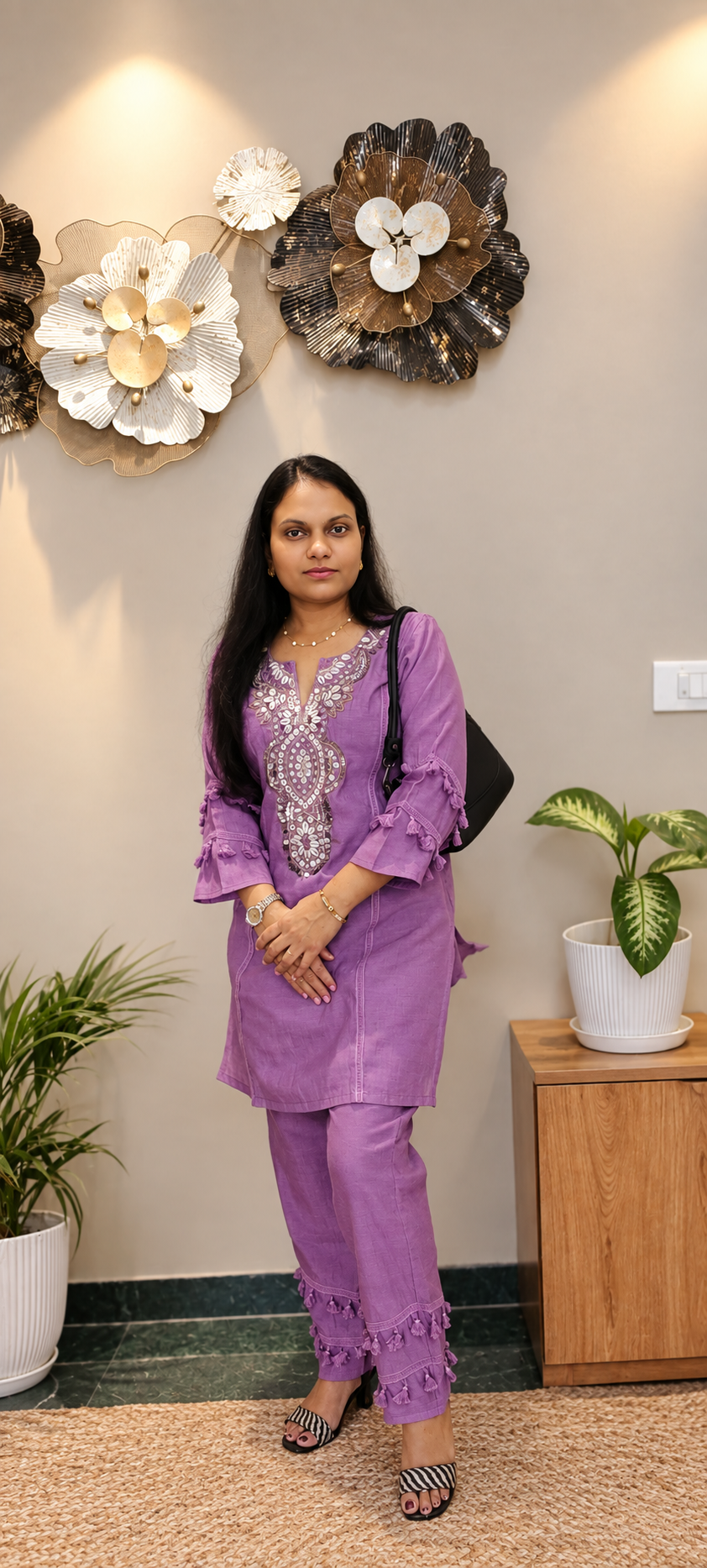 Purple Cotton Co-Ord Set with Mirror Work Embroidered Yoke & Tassel Detailing