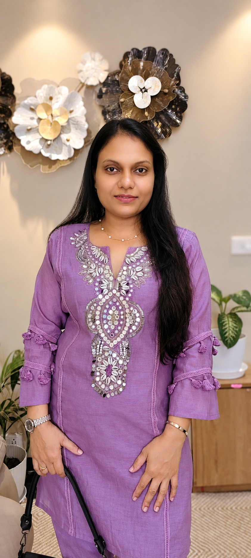 Purple Cotton Co-Ord Set with Mirror Work Embroidered Yoke & Tassel Detailing