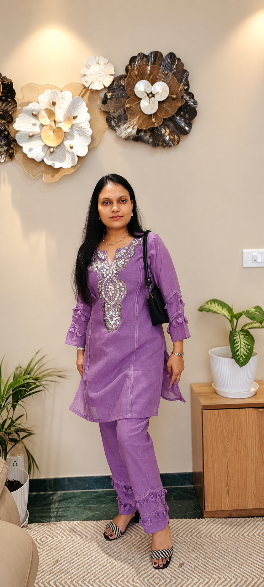 Purple Cotton Co-Ord Set with Mirror Work Embroidered Yoke & Tassel Detailing