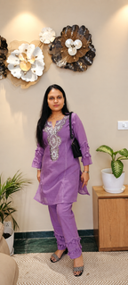 Purple Cotton Co-Ord Set with Mirror Work Embroidered Yoke & Tassel Detailing