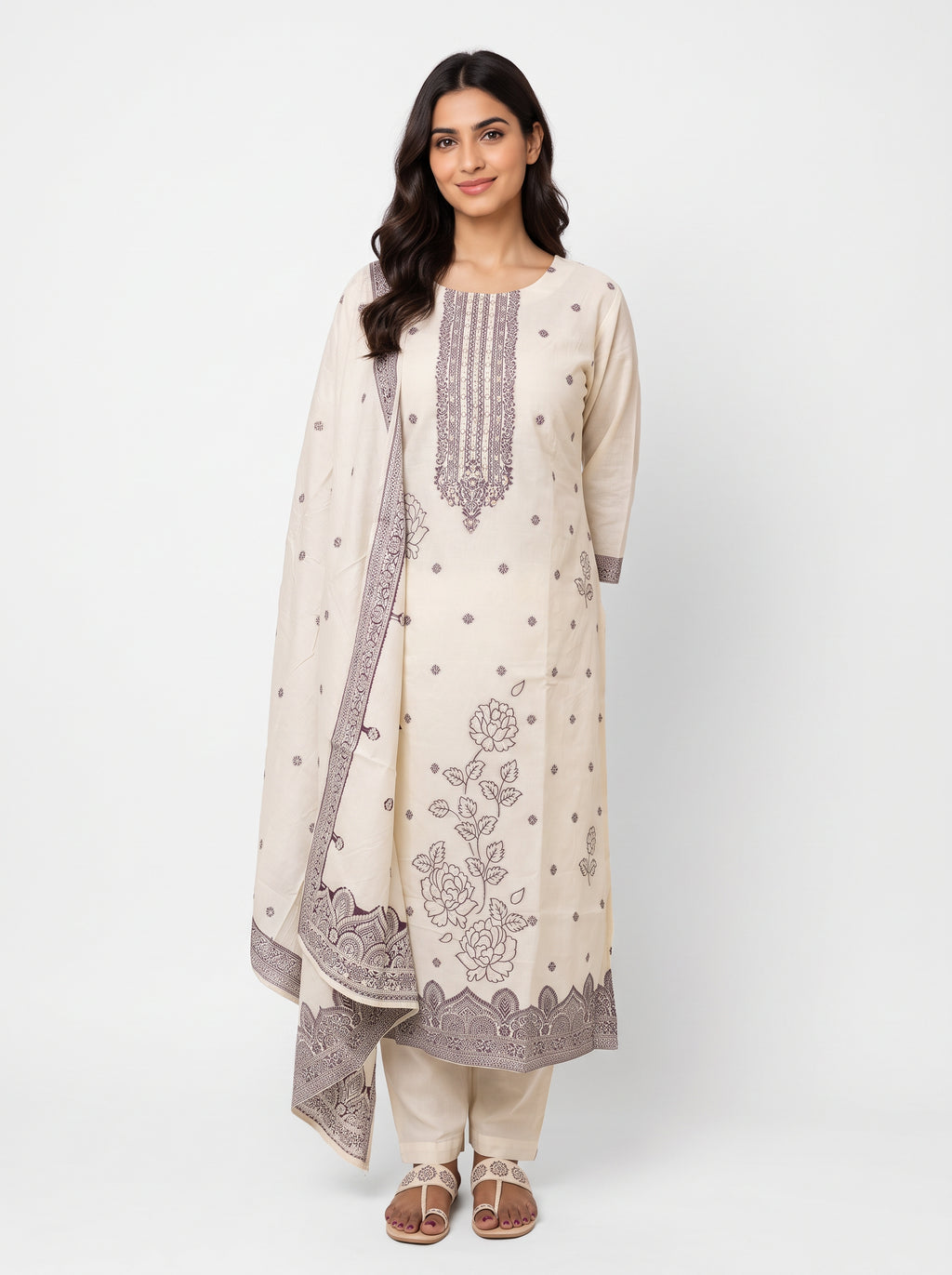 Off-White Jamdhani Cotton Paisley Pattern Suit Set with Pearl Embellished neckline & Floral weaved Dupatta