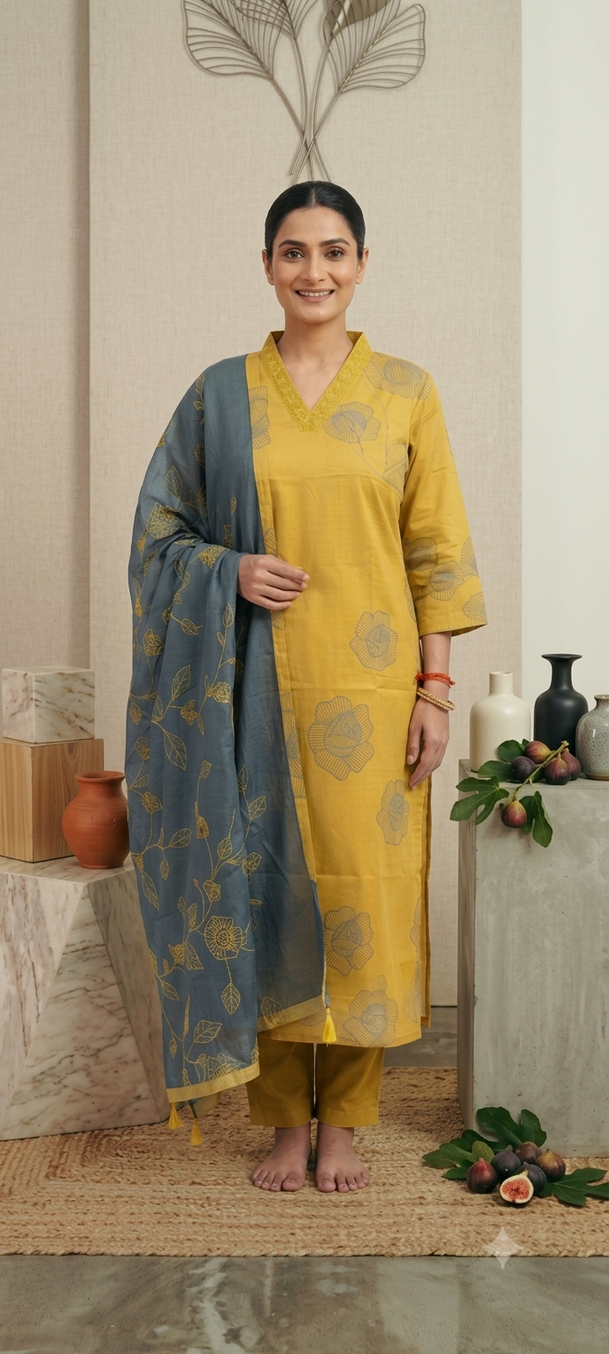 Mustard Yellow Pure Cotton Suit Set with Rose Print & Contrast Teal Embroidered Dupatta