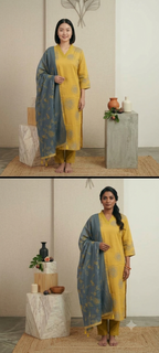 Mustard Yellow Pure Cotton Suit Set with Rose Print & Contrast Teal Embroidered Dupatta