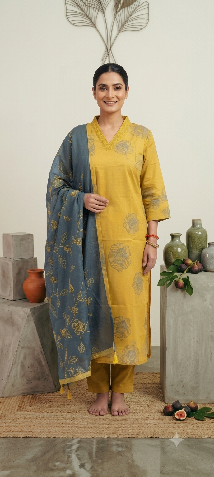 Mustard Yellow Pure Cotton Suit Set with Rose Print & Contrast Teal Embroidered Dupatta