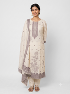 Off-White Jamdhani Cotton Paisley Pattern Suit Set with Pearl Embellished neckline & Floral weaved Dupatta