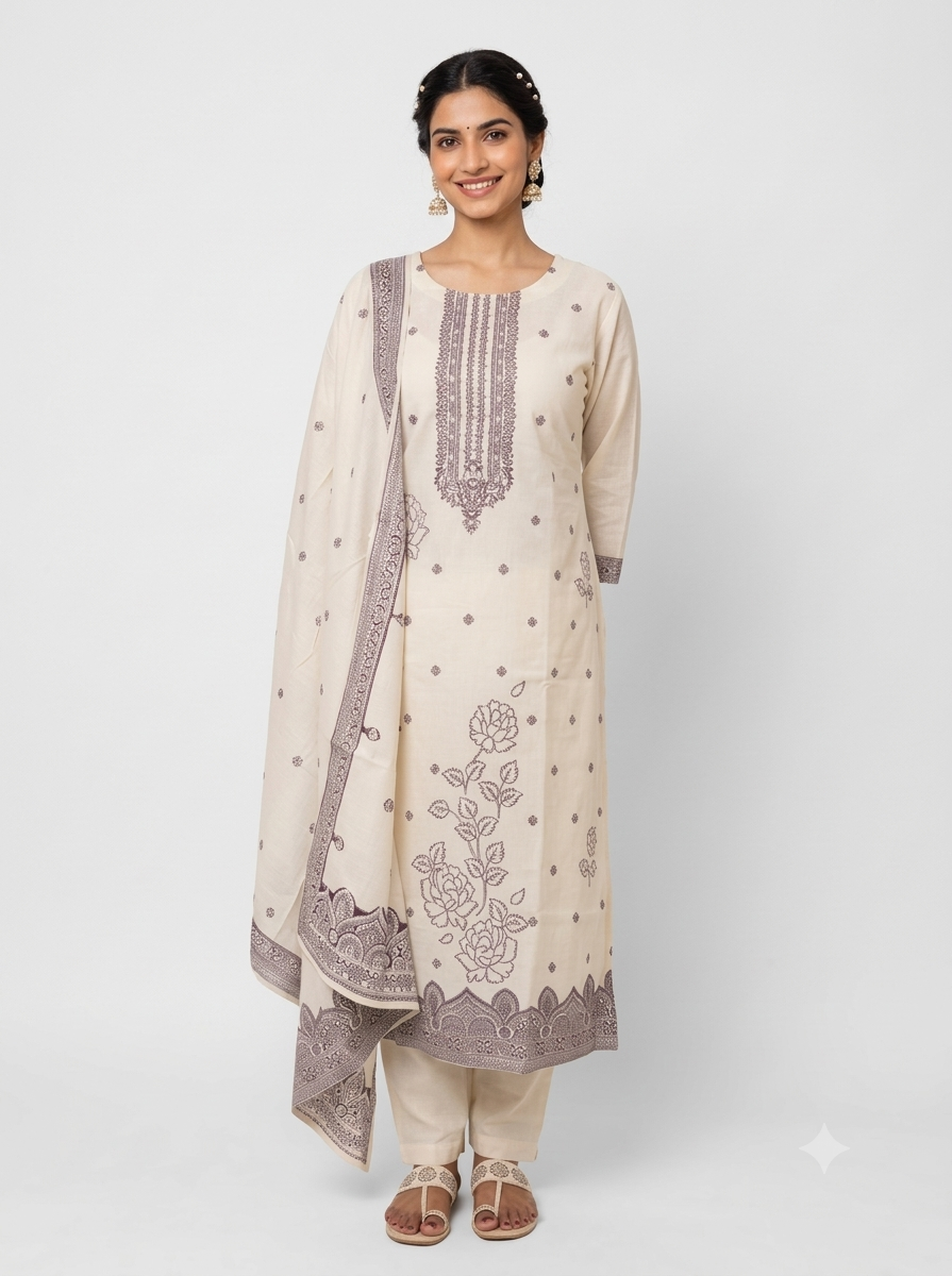 Off-White Jamdhani Cotton Paisley Pattern Suit Set with Pearl Embellished neckline & Floral weaved Dupatta