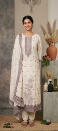 Off-White Jamdhani Cotton Paisley Pattern Suit Set with Pearl Embellished neckline & Floral weaved Dupatta