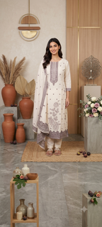 Off-White Jamdhani Cotton Paisley Pattern Suit Set with Pearl Embellished neckline & Floral weaved Dupatta