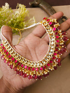 Ruby Pink Kundan-Style Choker Necklace Set with Pearl Drops & Earrings