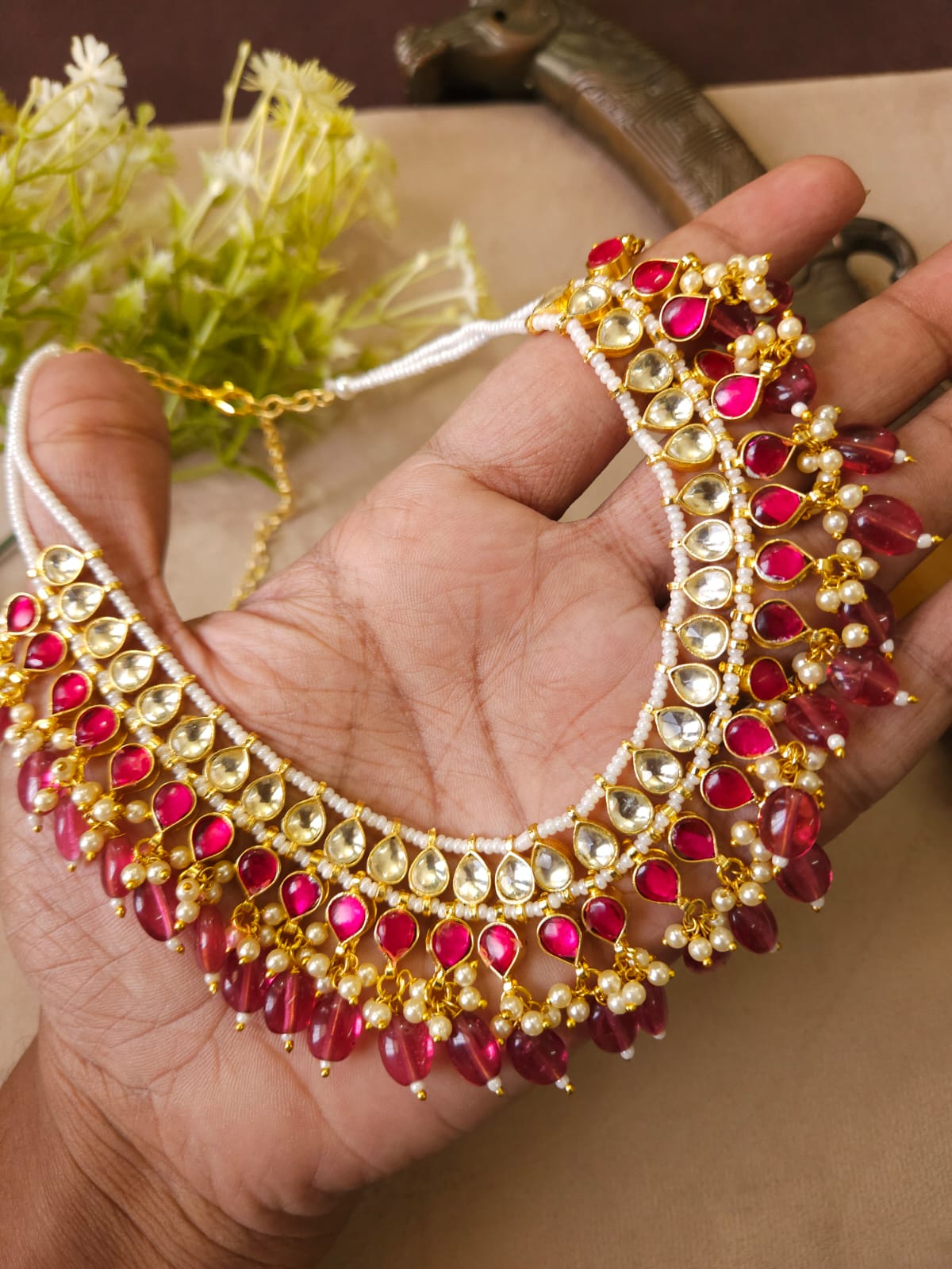 Ruby Pink Kundan-Style Choker Necklace Set with Pearl Drops & Earrings