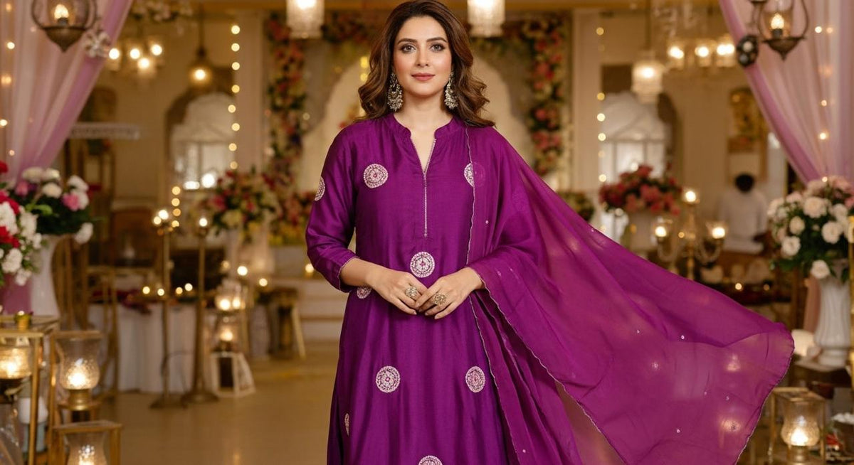 Noor-e-Jamun – Wine Purple Embellished A-Line Festive Suit Set with Organza Scalloped Dupatta