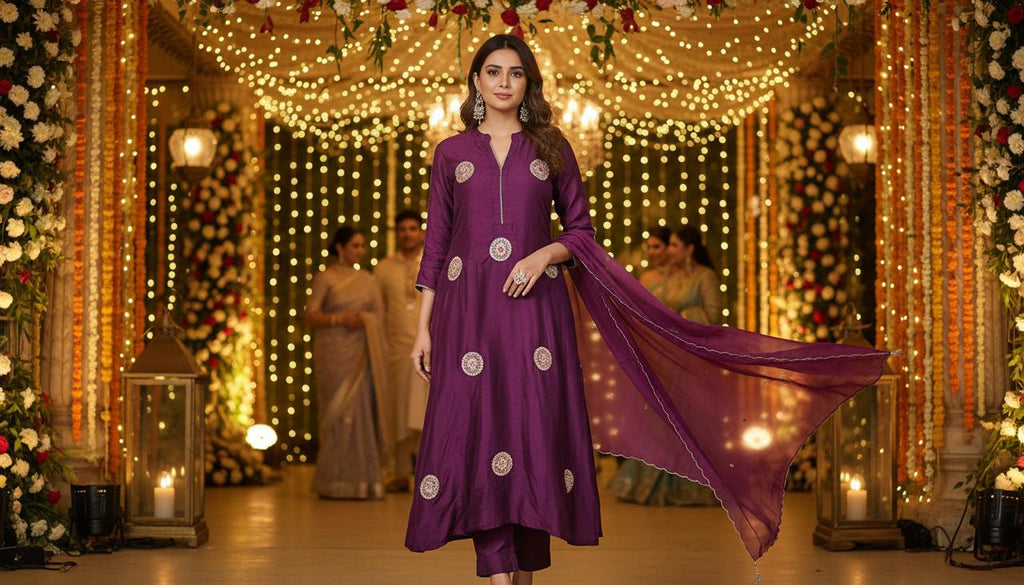 Noor-e-Jamun – Wine Purple Embellished A-Line Festive Suit Set with Organza Scalloped Dupatta