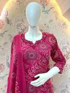 Rani Pink Pure Cotton Bandhani Print Kurta Pant Dupatta Set