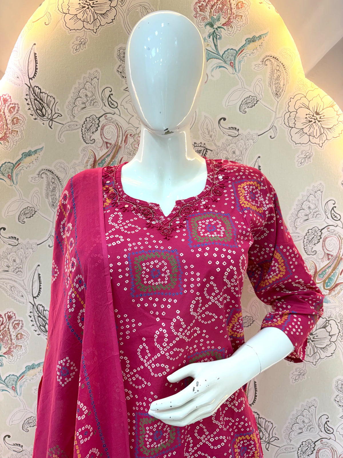 Rani Pink Pure Cotton Bandhani Print Kurta Pant Dupatta Set