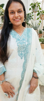 White Cotton Suit Set with Powder Blue Sequin Embroidered Yoke & Border
