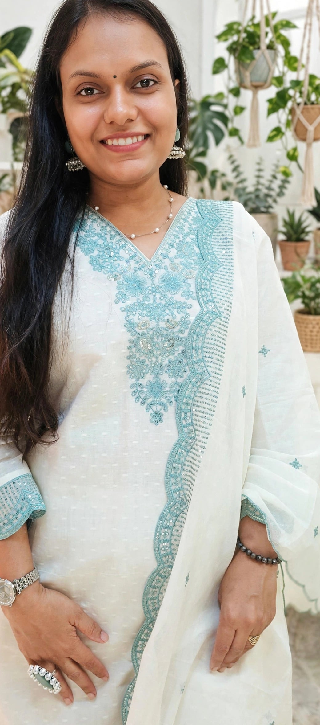 White Cotton Suit Set with Powder Blue Sequin Embroidered Yoke & Border