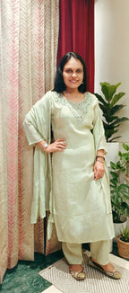 Pastel Green pearl embroidered neckline partywear mulchanderi Suit set, small pearl motif detailing on kurta and duptta, 3/4 sleves Mulchanderi pants