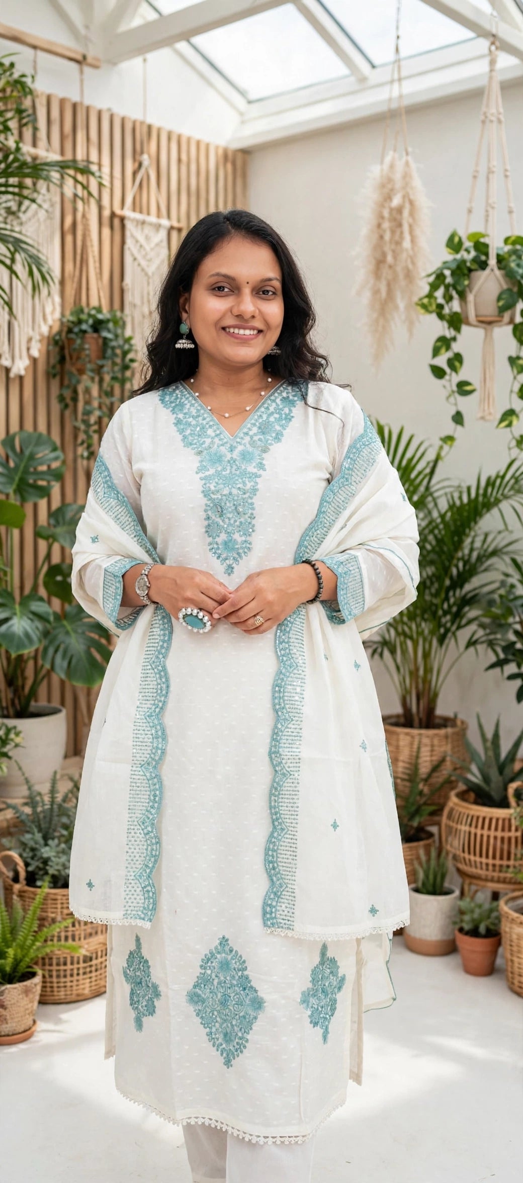 White Cotton Suit Set with Powder Blue Sequin Embroidered Yoke & Border