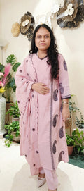 Baby Pink Mul Chanderi Cotton Paisley Embroidered Suit Set with Scalloped Dupatta