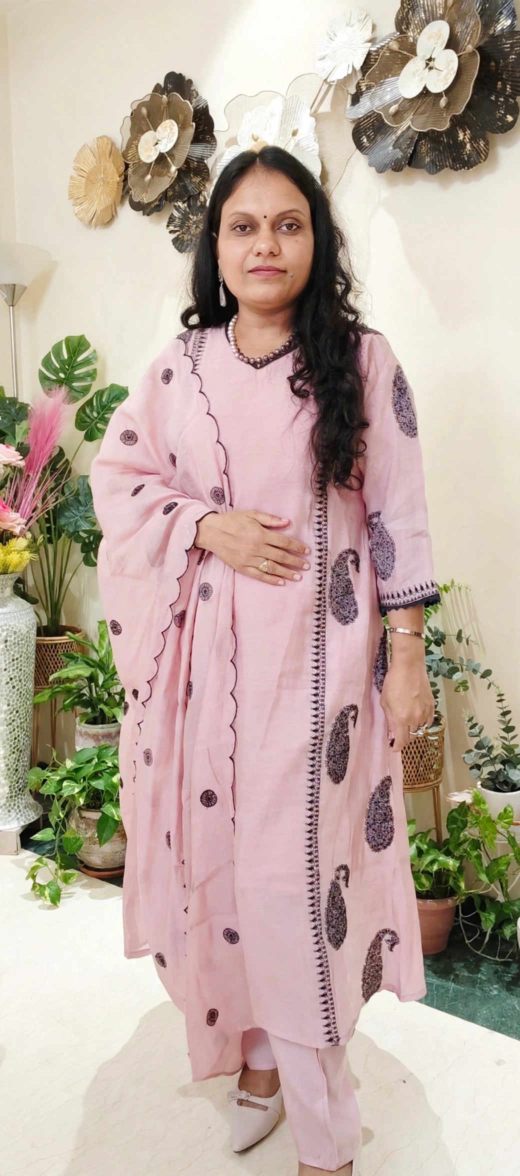 Baby Pink Mul Chanderi Cotton Paisley Embroidered Suit Set with Scalloped Dupatta