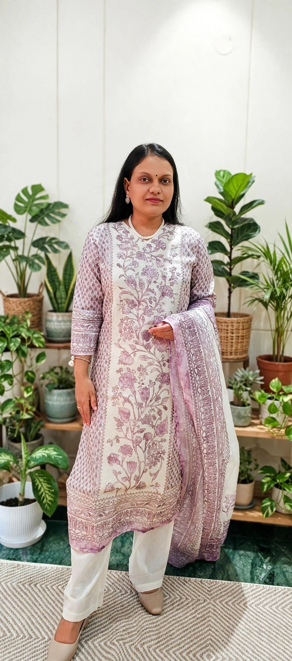 Off-White Cotton Kota Doria Suit Set with Mauve Floral Print & Sequin Embellished Yoke
