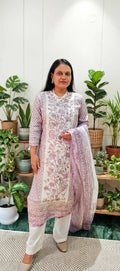 Off-White Cotton Kota Doria Suit Set with Mauve Floral Print & Sequin Embellished Yoke