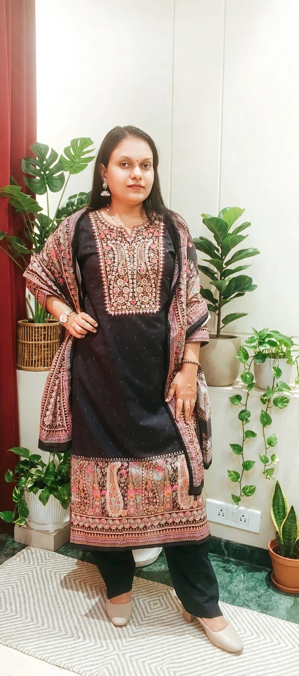 Black Cotton Suit Set with Kashmiri Paisley Print & Multicolor Embroidered Yoke