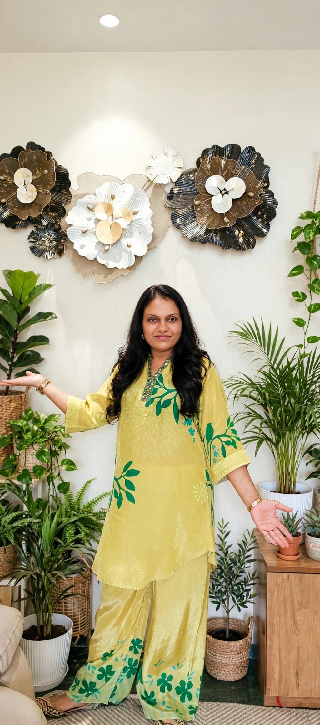 Pastel Yellow Crepe Co-Ord Set with Green Floral Design
