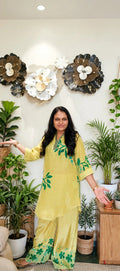 Pastel Yellow Crepe Co-Ord Set with Green Floral Design