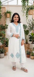 White Cotton Suit Set with Powder Blue Sequin Embroidered Yoke & Border
