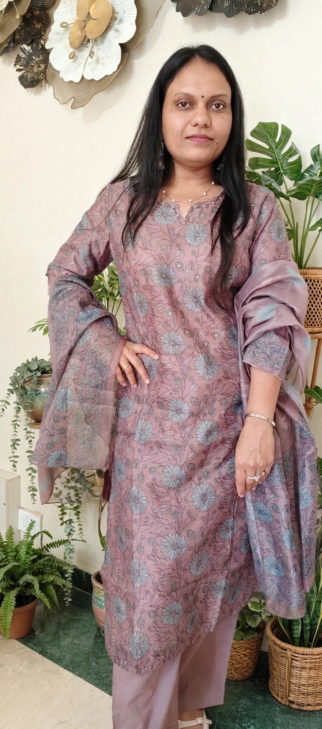 Light Cocoa Shade Mul Chanderi Cotton Floral Print Suit Set with Dupatta